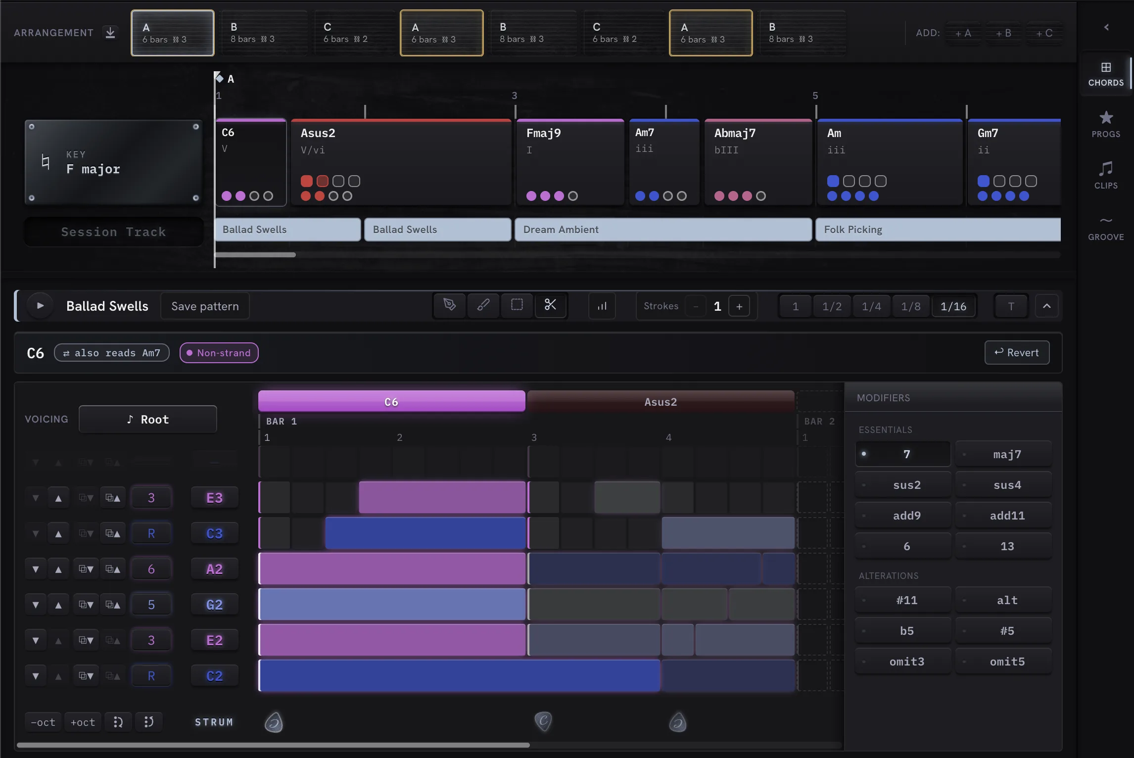 The Composure plugin: arrangement bar, chord timeline, performance lane, and the pattern editor's live voicing grid